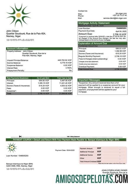 realista Níger Banque Islamique Du Niger (BIN) Declaração de hipoteca Word e modelo PDF